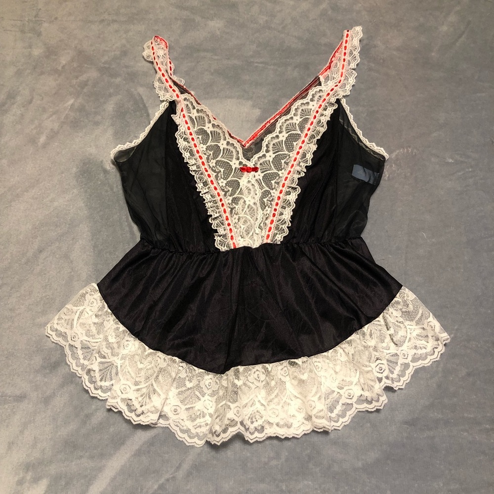 Vintage Lady Cameo black teddy lingerie lace trim red satin ribbon, nylon, large